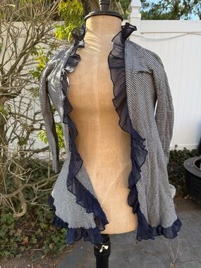 Anthropologie Navy and White Striped Cardigan with ruffle lace trim